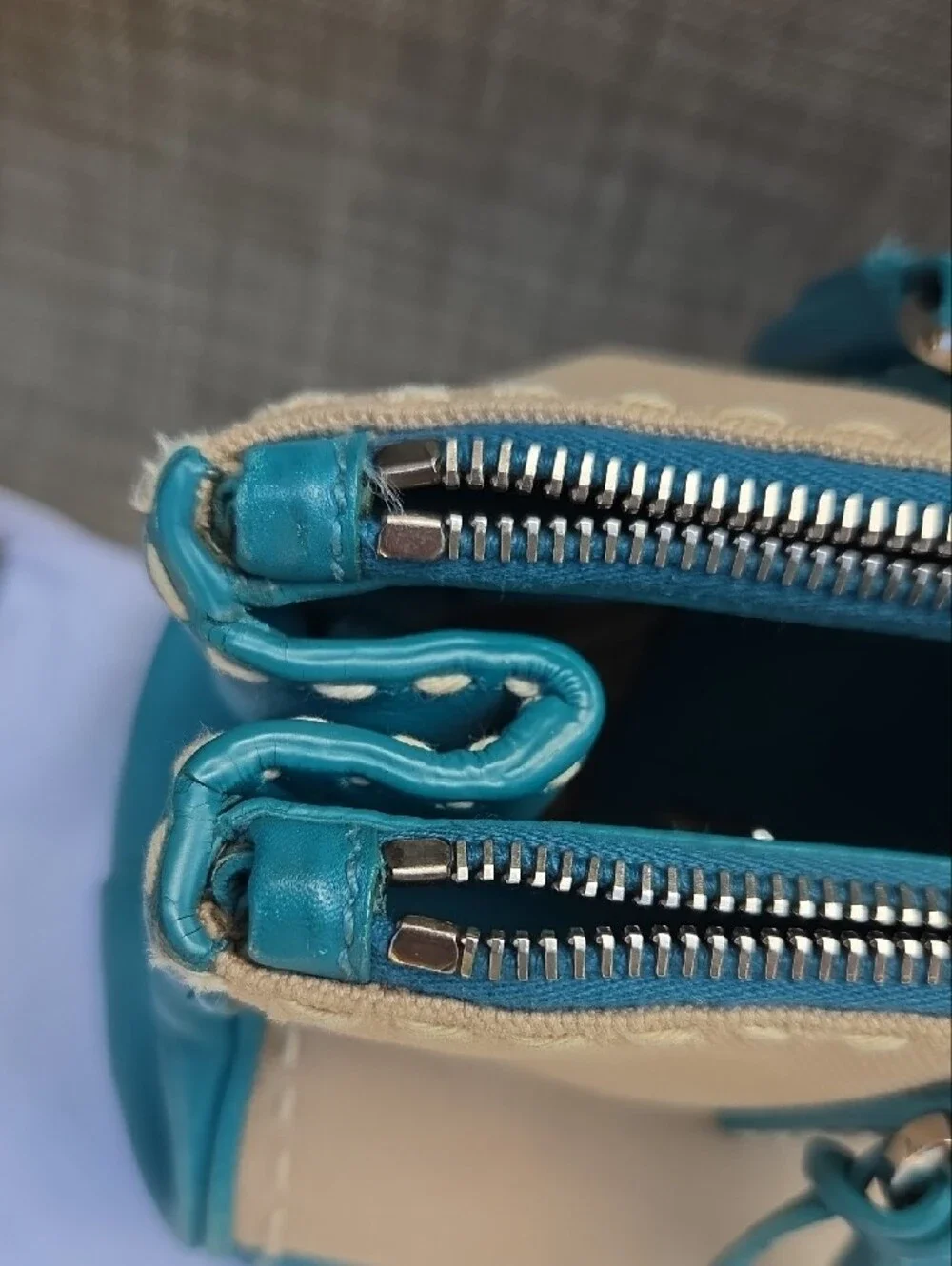 Prada Beige and Teal Top-Handle Tote